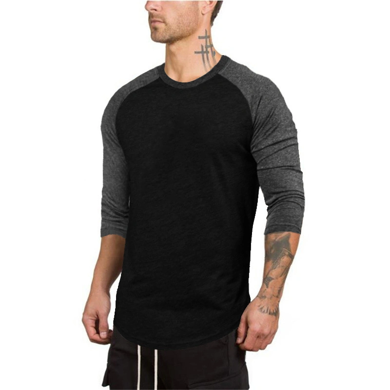 Hip Hop Solid Cotton Men&prime; S Slim Fit Raglan T-Shirt Round Neck Color Contrast Sports 3/4 Quarter Sleeves